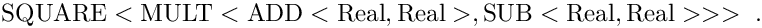 \[
  \text{SQUARE} < \text{MULT} < \text{ADD} < \text{Real}, \text{Real}>, \text{SUB}<\text{Real}, \text{Real}> > > \eqdot
\]